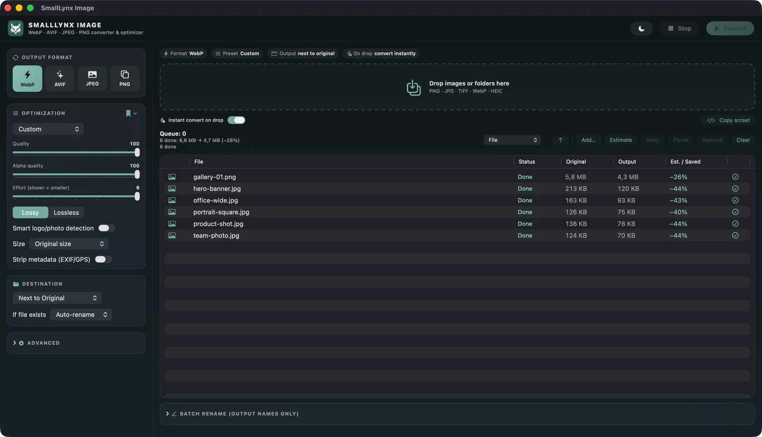 SmallLynx Image showing output settings and a batch conversion queue in dark appearance.