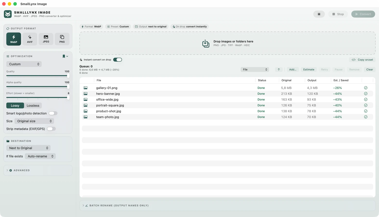 SmallLynx Image showing output settings and a batch conversion queue in light appearance.